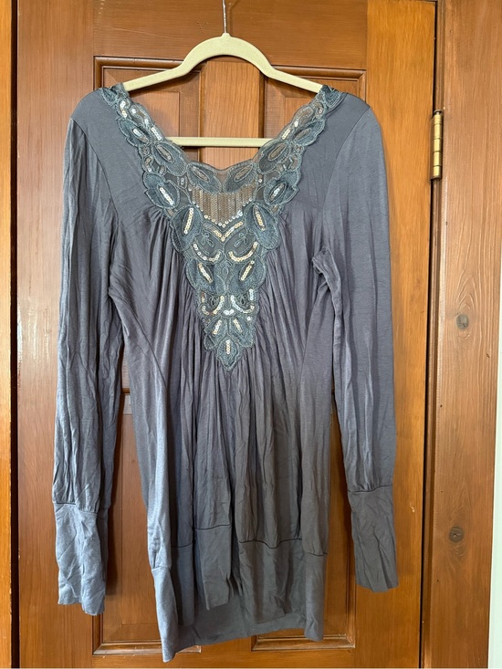 Studio Y Tops - Studio Y Charcoal Gray Embroidered V-Neck Tunic